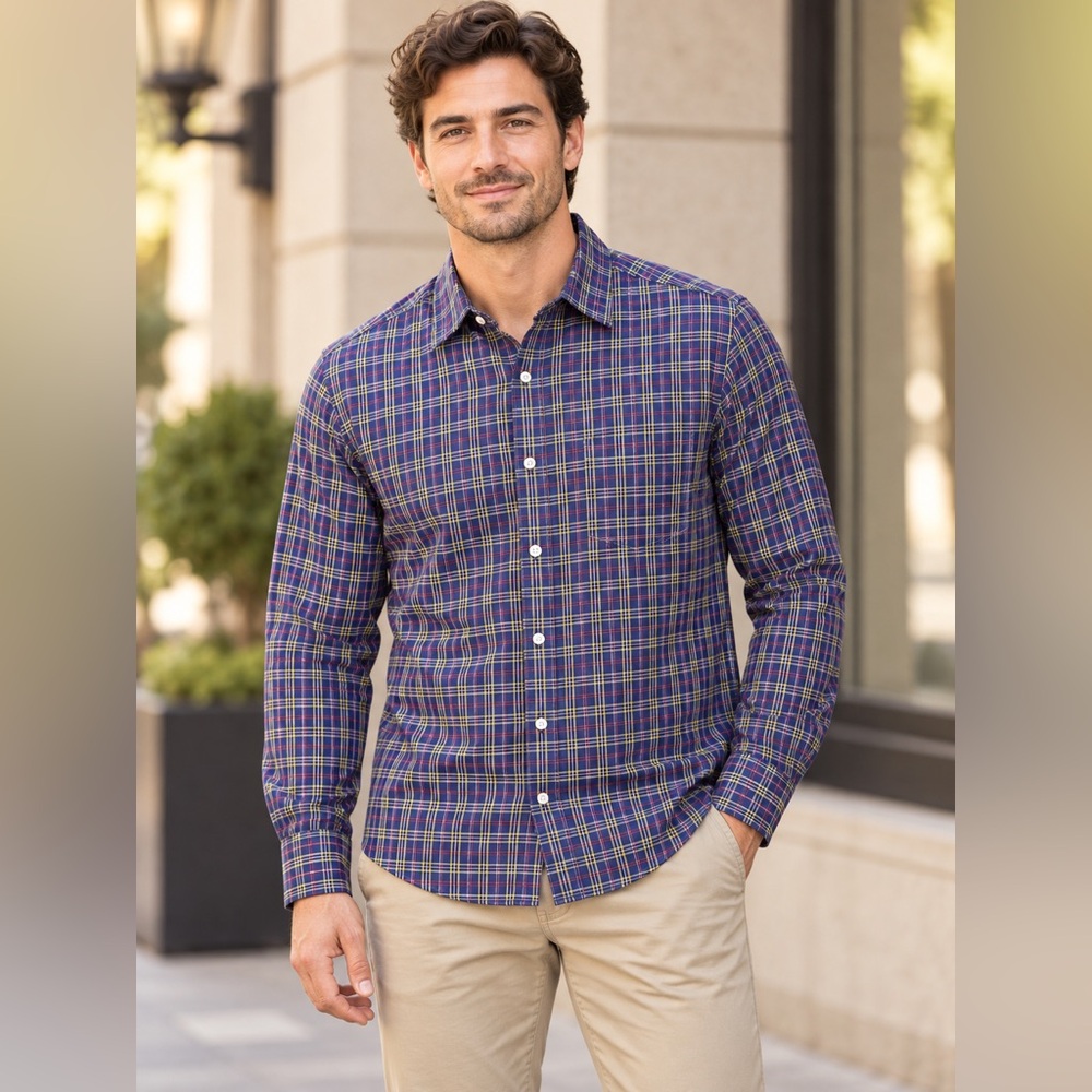 UNTUCKit Men’s Large Slim Fit Plaid Long Sleeve Button Down Shirt Navy